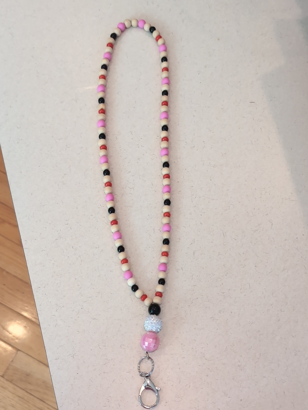 Pink, Black & Cream Beaded Lanyard Necklace with Clasp